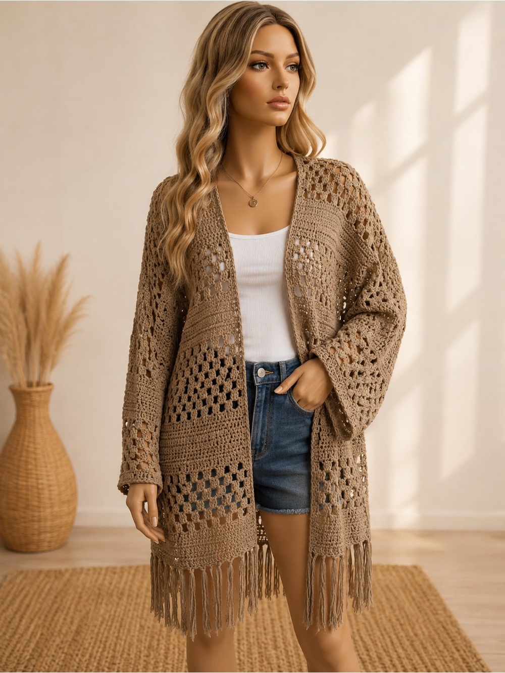 Hand-Hooked Crochet Fringe Cardigan Sweater - Taupe